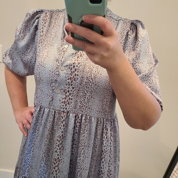 KARLIE Icy Blue And Brown Dot Print Satin Oversized Tiered Maxi Dress - Picture 3 of 12